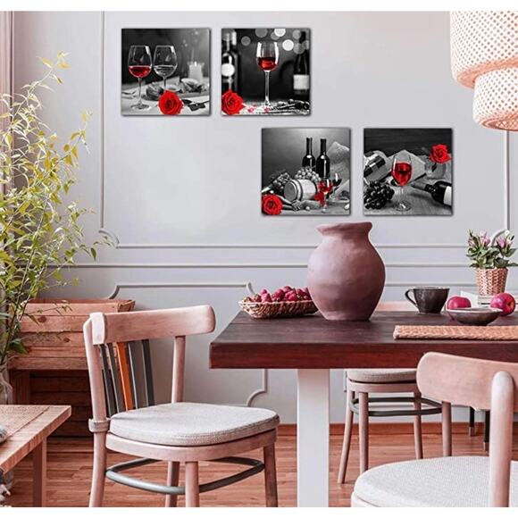 Set of 4 Framed Canvas Prints, 20 x 20 Each Red Roses Wine
